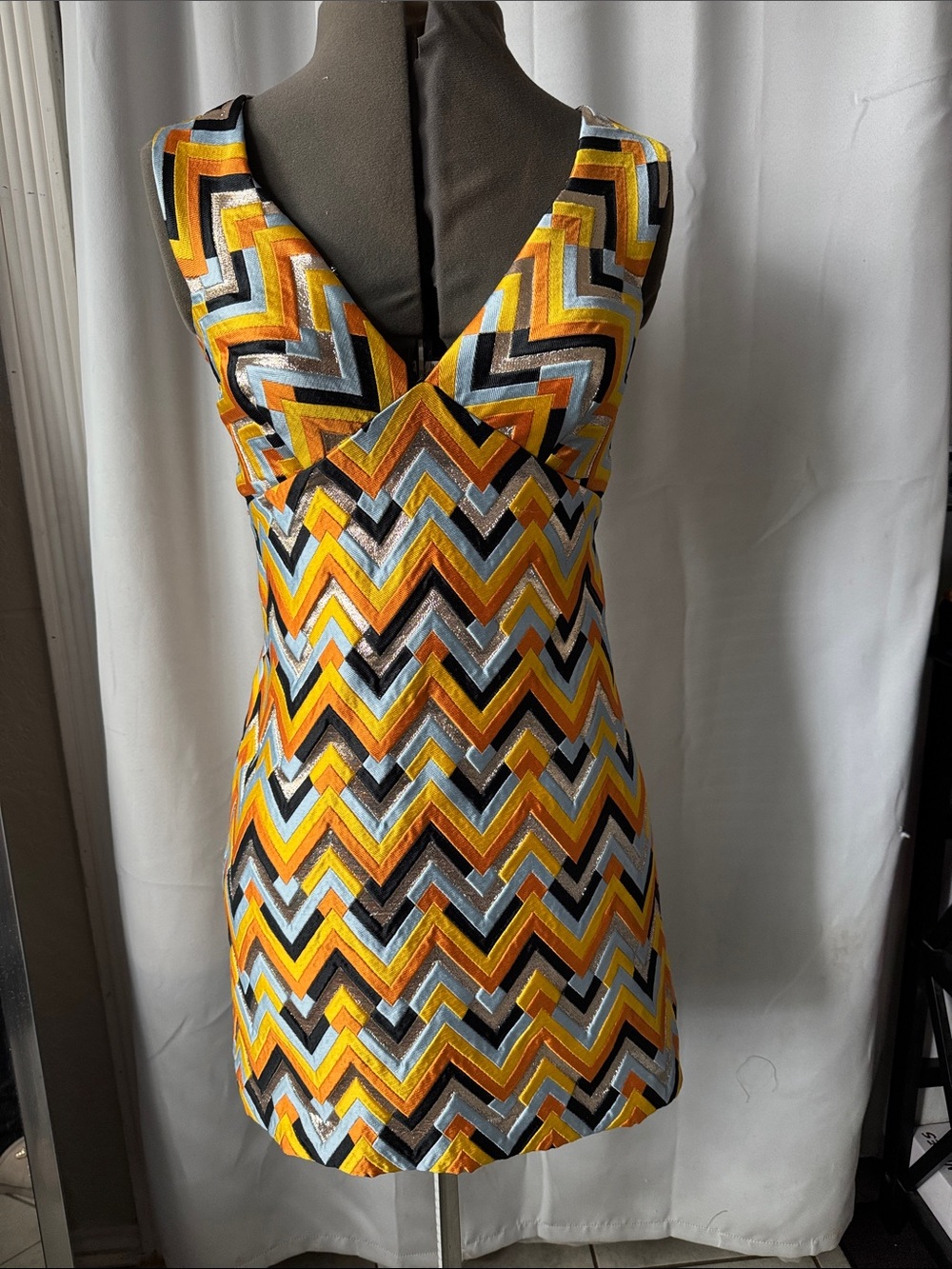 Milly Chevron V-Neck Mini Dress in Yellow, Orange & Black